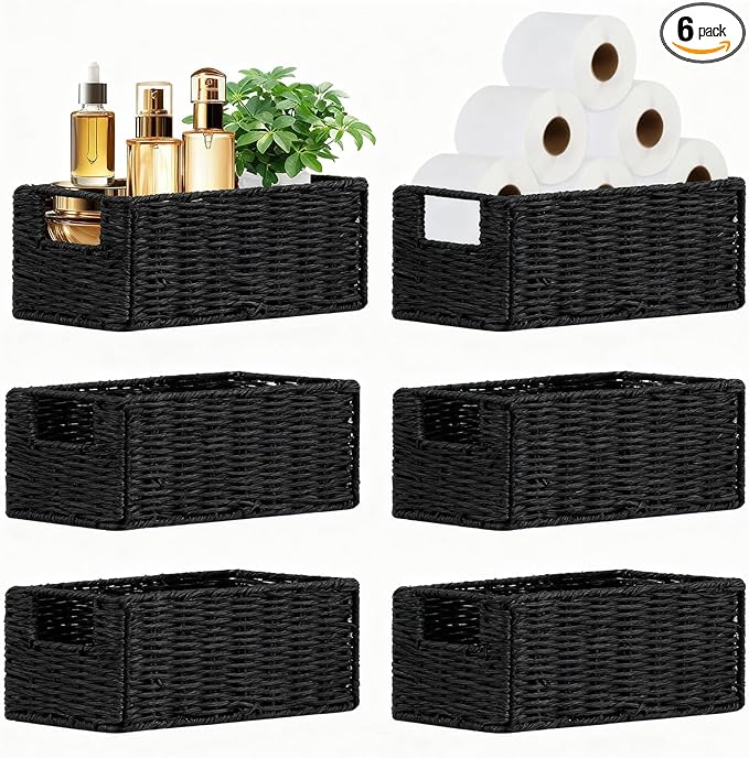 Small Wicker Baskets, Wicker Woven Storage Basket Toilet Paper Baskets with Handles, Towel Basket for Bathroom Organizing Shelves (Black)