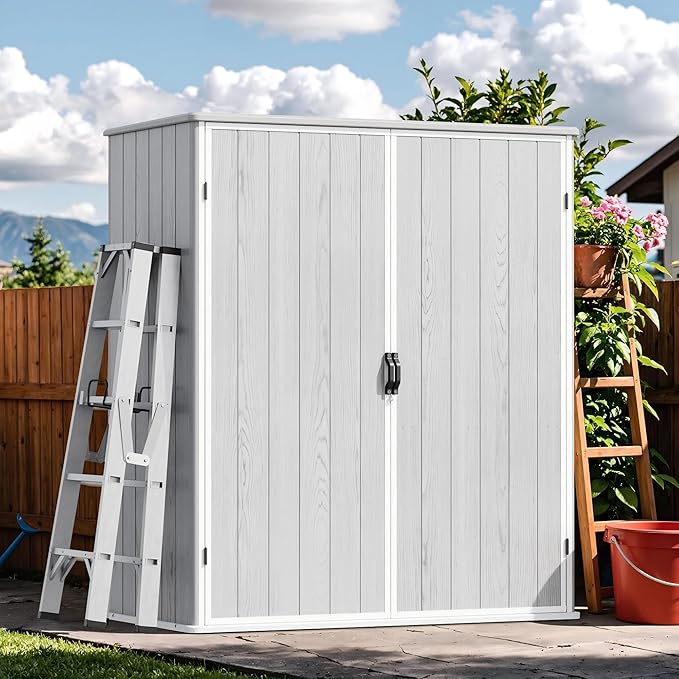Devoko 5x3 FT Resin Outdoor Storage Shed with Floor, Plastic Outdoor Storage Cabinet, Waterproof Vertical Tool Shed with Lockable Door for Patio, Garden, Backyard, Light Gray