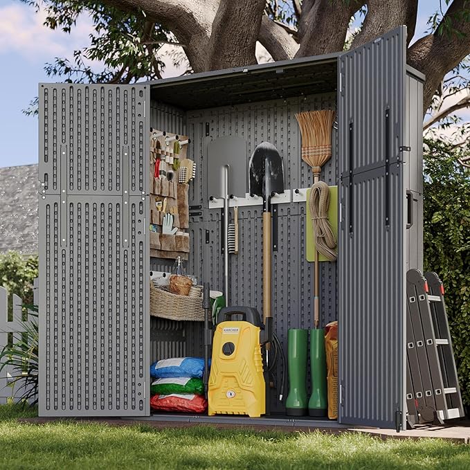 Aoxun Outdoor Storage Shed with Floor, 61 Cu.Ft Large Outdoor Storage Cabinet, Waterproof Vertical Resin Shed for Garden Tools, Pool Equipment, Dark Grey