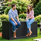 Flamaker Resin Deck Box 270 Gallon, Waterproof Imitation-Wood Lockable Storage Box with Separator Plate Outdoor Indoor, Garden, Patio Furniture for Tools&Pool Accessories (Black)