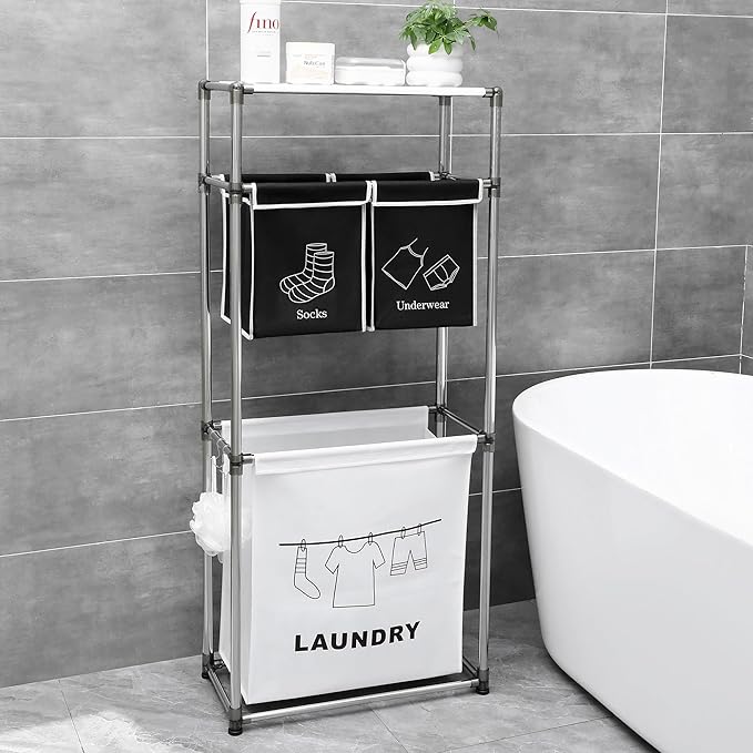 3-Tier Laundry Sorter Hamper with 4 Removable Oxford Fabric Bags, Heavy-Duty Iron Frame, Waterproof MDF Shelves, Side Hooks, 23.2"L x 11.4"W x 53.5"H