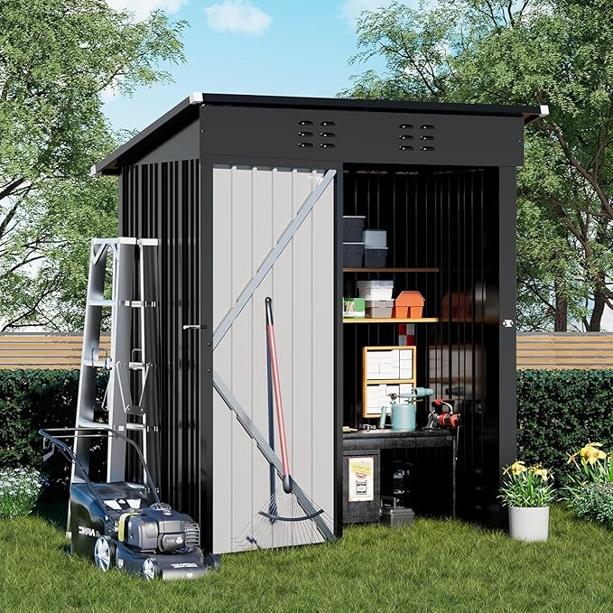 COMHOMA Shed Outdoor Storage Shed Metal,Lockable Doors Tool Sheds with Sloping Roof,Steel Garden Shed with Air Vent for Backyard,Patio,Lawn,Poolside(Grey,5'*3')