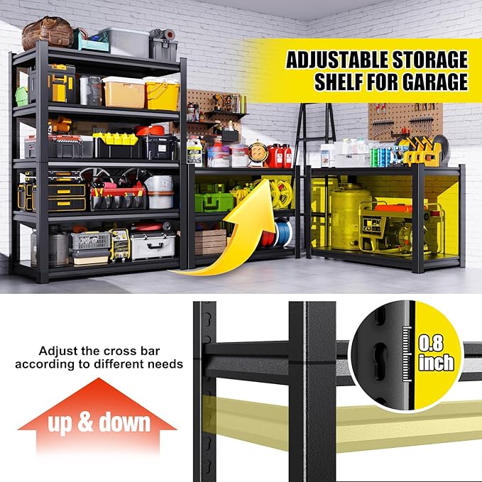 Heavy Duty 5-Tier Garage Shelving Unit (2500 LBS Capacity) – 71.2" Hx35 Wx16 D Adjustable Metal Storage Rack, Industrial Steel Utility Shelves for Garage, Pantry, Warehouse, and Basement Black