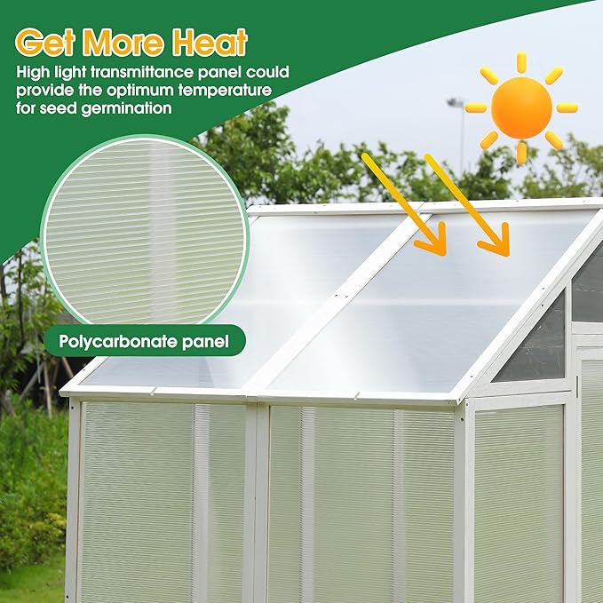 Polycarbonate Greenhouse,Outdoor Wooden Green House, Walk-in Hobby Garden Shed with Front Entry Door,for Patio Backyard Lawn,Plants, White