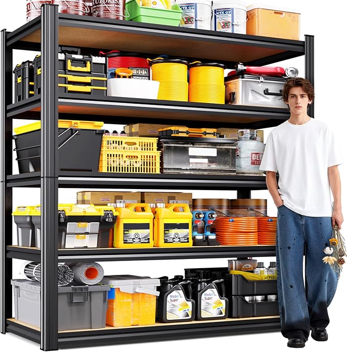 78"H Garage Shelving 2050 lbs Heavy Duty 5-Tier Storage Shelves, 46"W x 20"D Extra Large Metal Shelving Unit, Adjustable Utility Steel Rack for Industrial Warehouse, Shop, Pantry, Basement, Black