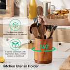 ZUJJAFY Utensil Holder, 360° Rotating Acacia Wood Kitchen Utensil Holder for Counter, 7.2" Large Cooking Utensil Crock for Countertop, Wooden Utensils Organizer for Cooking Spatula Storage