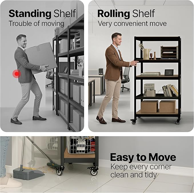 HOMEDANT House 5 Tier Heavy Duty Garage Shelving Adjustable Metal Rack Storage Shelves Standing Shelf Unit Organizers Pantry Closet Office (1, Black, (Wheels) 36.2" W x 16.2" D)