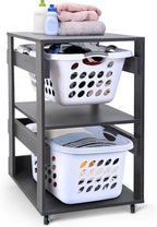 Laundry Basket Holder Shelf (2-Tier) - Stackable Engineered Wood Laundry Tower with Wheels, Tiered Laundry Hamper Organizer for Bathroom, Bedroom