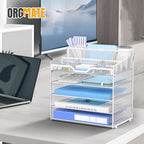 5 Tier Mesh Desk Organizer,Multi Functional Letter Paper Tray with 3 Pen Holders and 5 Adjustable Storage Compartments for Office Supplies Files and Mail Space Saving Desktop Organizer-White