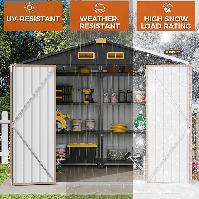 IRONCK 8x6FT Outdoor Storage Shed with Lockable Doors, 7.4x5.3FT Base Galvanized Steel Metal Garden Tool Shed with Breathable Vent for Yard Bins/Generator/Wheelbarrow Storage, Brown