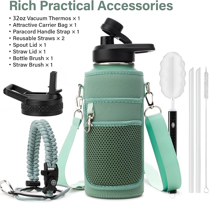 Insulated Water Bottle | Thickened Stainless Steel Vacuum Metal | Portable Sports Water Jug for Gym and Hiking with Straw, Carrier Bag, Handle Strap | BPA-Free 32 oz