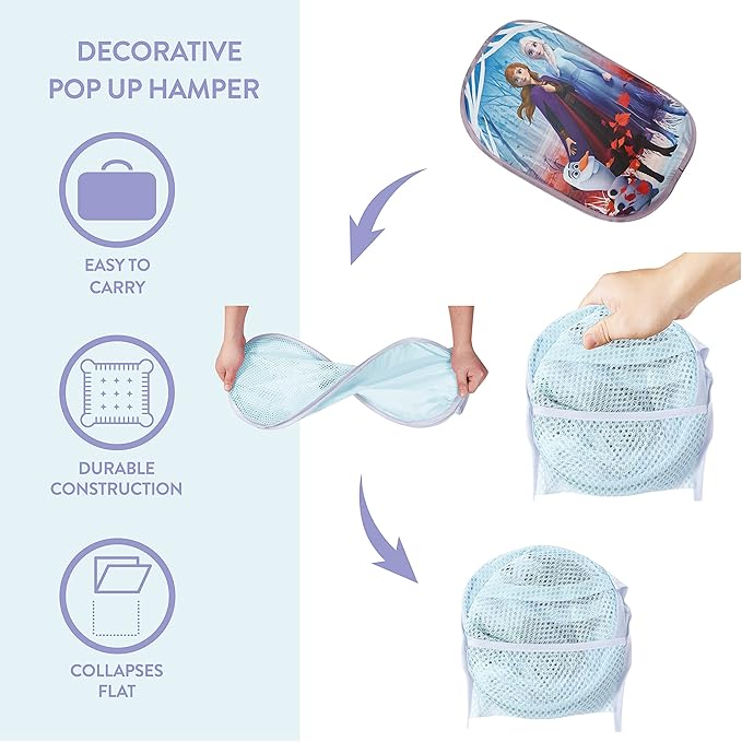 Frozen 2 Pop-Up Hamper for Kids,Laundry Hamper with Anna & Elsa Design, Durable Mesh Fabric & Carry Handles, 21”H x 13.5”W, Collapsible Storage for Bedroom or Playroom