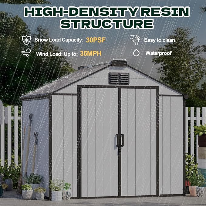 8 x 6 FT Plastic Outdoor Storage Shed, All-Weather Resin Garden Shed with Floor, Lockable Doors & Windows, Plastic Tool Shed for Patio，Poolside, Backyard