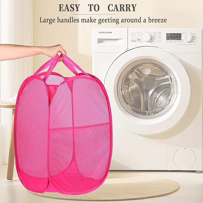 2 Pack Laundry Basket,Foldable Mesh Pop-up Laundry Hamper with Durable Handle,Easy to Open and Fold for Dorm, Laundry Room, Bedroom, RV… (Rose Red+Rose Red)