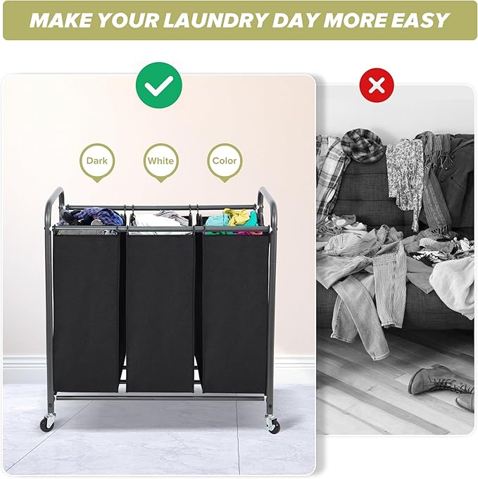 Laundry Sorter Hamper with Wheels, Heavy-Duty Laundry Sorter Rolling Cart, Lockable Wheels and Removable Bags, 3 Sections, Black