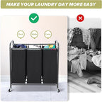 Laundry Sorter Hamper with Wheels, Heavy-Duty Laundry Sorter Rolling Cart, Lockable Wheels and Removable Bags, 3 Sections, Black