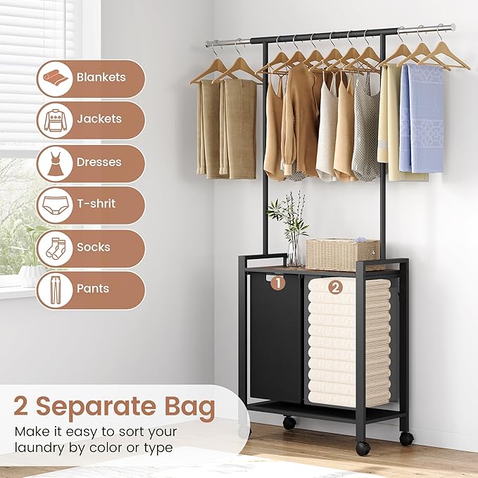 Large Laundry Hamper With Hanging Clothes Rack –2-Section Rolling Laundry Basket With Removable Pull-Out Sorting Bags, Wheeled Organizer for Laundry Room, Bathroom & Bedroom（2 Hampers, black）