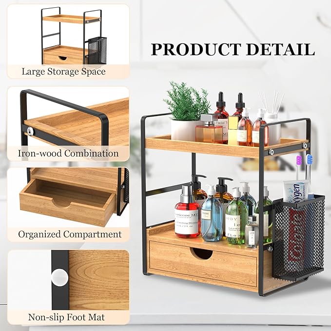 LEMIKKLE Bathroom Counter Organizer with Basket, Bathroom Organizers and Storage,Skincare Organizers for Vanity,Storage Organizers for Bathroom, Kitchen, Dresser (Light Brown with Drawer)