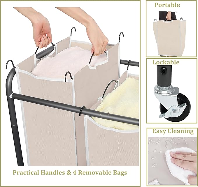 Laundry Sorter 4 Section, 4-Bag Heavy Duty Rolling Laundry Hamper Cart, Laundry Basket Organizer With Wheels and Removable Bags, Laundry Room Organization For Dirty Clothes Storage, BEIGE