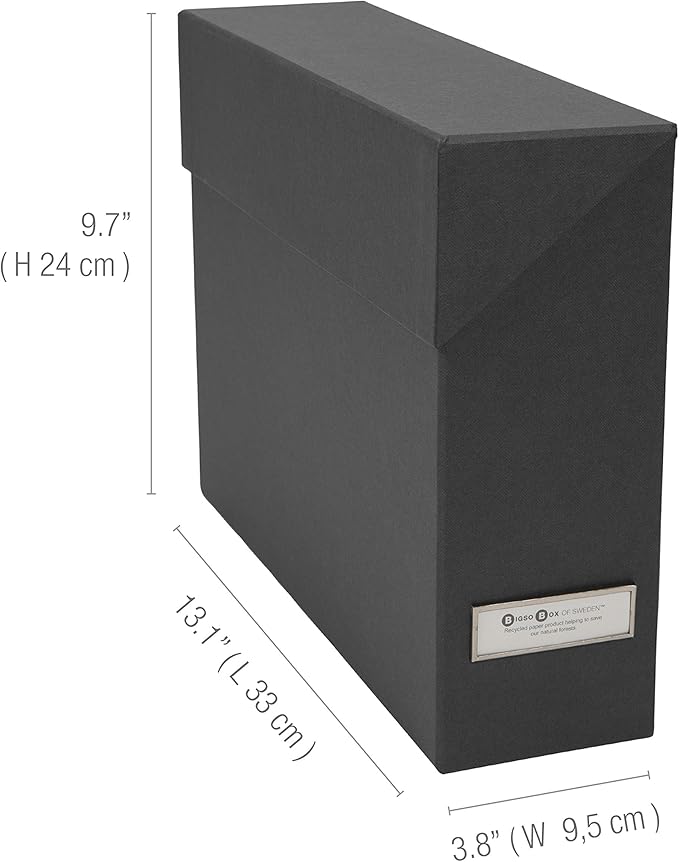 Bigso Lovisa Fiberboard Label Frame 12 File Storage Box - Document Organizer for Important Paperwork - Durable Hanging File Box w/Flip Top Lid & Metal Label Window - 3.7in x 13in x 9.4in - Dark Grey