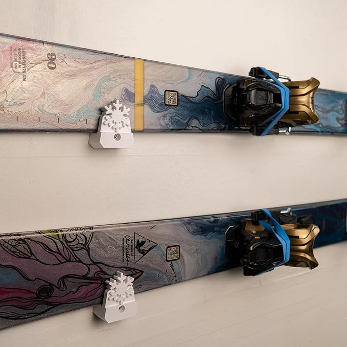 Horizontal Wall Ski Holder – Space-Saving Ski Wall Mount for Garage & Home Storage | Holds 1 Pair of Skis | Mountain, Snowflake & No Design Styles (Orange, Snowflake | Without Gear Hook)