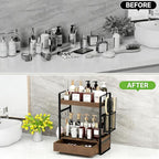2-Tier Bathroom Counter Organizer with Drawer Basket and Hooks, Wood Bathroom Organizers and Storage for countertop, Farmhouse Dark Brown Countertop Organizer, Counter Shelf for Vanity Kitchen Office