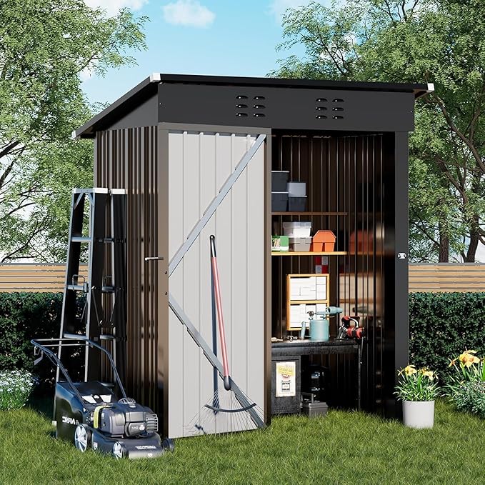 COMHOMA Shed Outdoor Storage Shed Metal,Lockable Doors Tool Sheds with Sloping Roof,Steel Garden Shed with Air Vent for Backyard,Patio,Lawn,Poolside(Brown,5'*3')