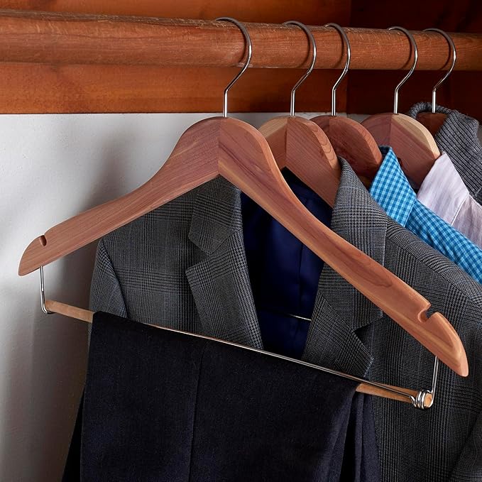 Household Essentials CedarFresh Cedar Coat Hangers, Pack of 4, 100% Eastern Red Cedar, Lockable Crossbar, Slip-Resistant Notches, and Chemical-Free Moth Deterrent, Non-Staining, Natural