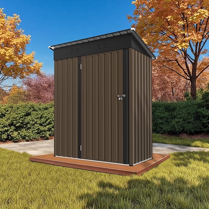 5' x 3' Outdoor Storage Shed, Sturdy Metal Building w/Floor and Lockable Doors for Garden, Backyard, Poolside and Lawn, Brown
