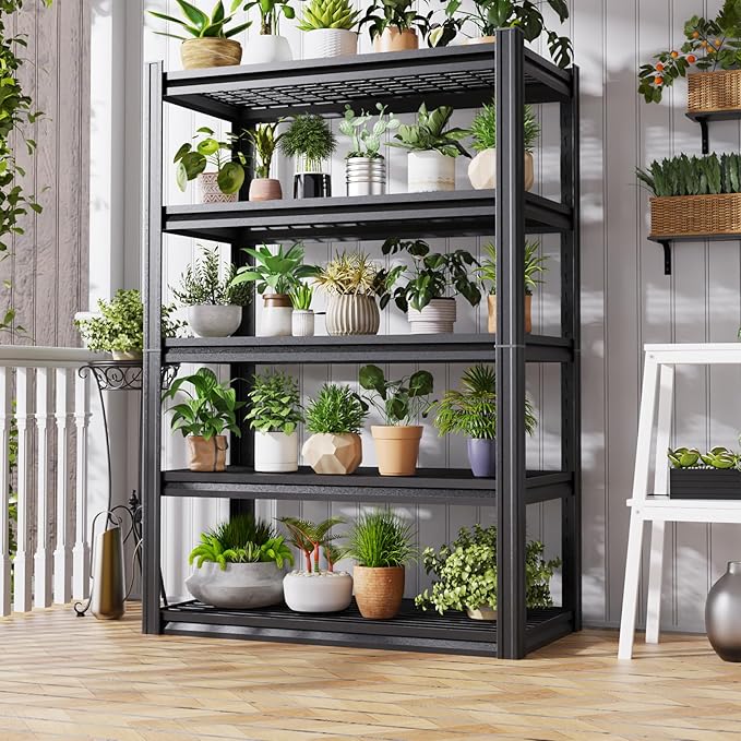 4Pack 59" W Heavy Duty 5-Tier Garage Shelving Unit,2500 lbs Capacity Adjustable Metal Storage Rack, Boltless Steel Shelves for Garage, Basement, Warehouse, Pantry & Kitchen 72"x59"x20",Black