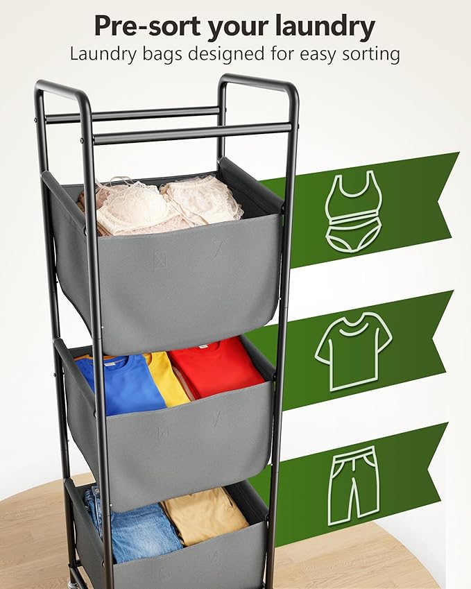 3 Section Laundry Sorter with Removable Bags, 120L Rolling Vertical Laundry Hamper, Stackable Laundry Baskets organizer for Bathroom, Apartment, Dorm (Gray, With Wheel)