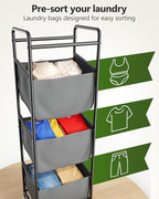 3 Section Laundry Sorter with Removable Bags, 120L Rolling Vertical Laundry Hamper, Stackable Laundry Baskets organizer for Bathroom, Apartment, Dorm (Gray, With Wheel)
