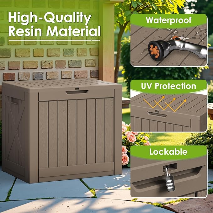 Greesum 40 Gallon Outdoor Deck Box with Lock, Resin Storage Chest for Patio Furniture Cushions, Garden Tools, Pool Toys, Waterproof & UV Resistant, Large Capacity, Light Coffee