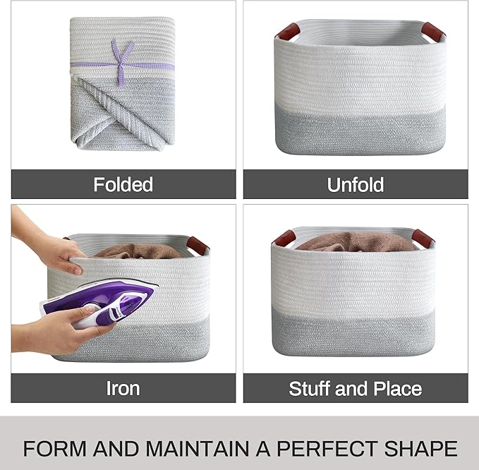 Small Cotton Rope Storage Basket with Leather Handles, 15 "L x 11.5" W x 7.5 "H, Home Decor Basket, Durable & Stylish Organizer for Home.(Small Light Gray)