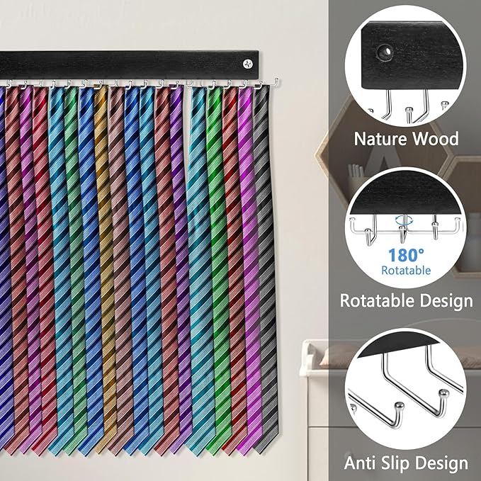 Tie Rack Wall Mounted, Tie, Belt and Scarf Hanger 20 Hook, Tie and Belt Organizer