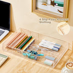 1 Pcs Acrylic Desk Drawer Organizer 9'' up to 18'' x 15'' x 2.1'' Expandable Drawer Organizer Trays with 7 Adjustable Compartments Clear Desk Accessories for Makeup Office Bathroom