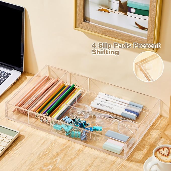 1 Pcs Acrylic Desk Drawer Organizer 9'' up to 18'' x 15'' x 2.1'' Expandable Drawer Organizer Trays with 7 Adjustable Compartments Clear Desk Accessories for Makeup Office Bathroom