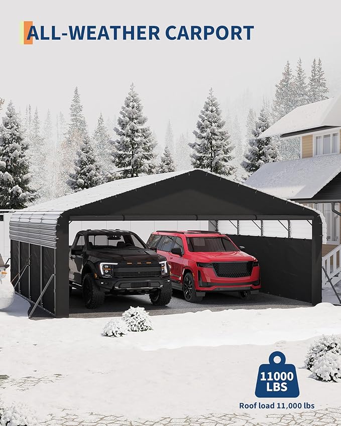 Garvee 20'X20'X10' Metal Car Port for 2 Cars, Enclosed Carports with 220 g Tarp, All-Weather Use Metal Carport, for Full-Size Pickup Trucks, Bass Boats, and Tractors