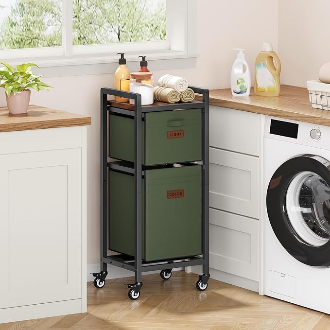 FAVOOSTY Laundry Hamper with Shelf, 70L Laundry Basket Organizer, Laundry Hamper with Shelf, 2 Section Laundry Sorter for Laundry Room Organization (Green)