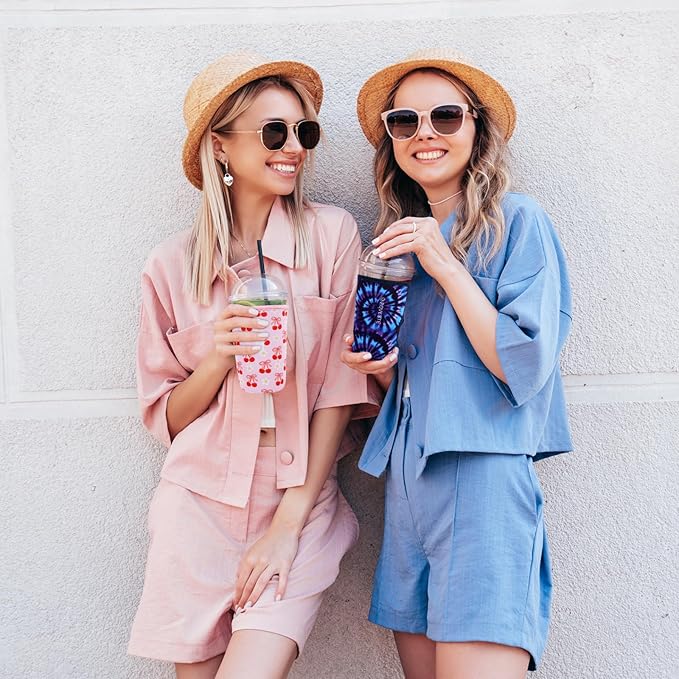 Reusable Neoprene Insulator Sleeve for Iced Coffee & Cold Soda, Coffee Sleeves for Iced & Hot Drinks, Cold Beverage Cooler Compatible with Starbucks, Dunkin (Gradient Cherckerboard, Medium: 22-24oz)