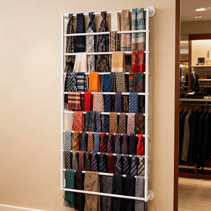 10-Layer Wall Mounted Display Rack, Tie & Scarf Rack Belt Towel Holder Wrapping Paper Ribbon Organizer Scarves Belts Necktie Hijab Stand Metal Shelving for Home, Retail Stores, Flower Shop