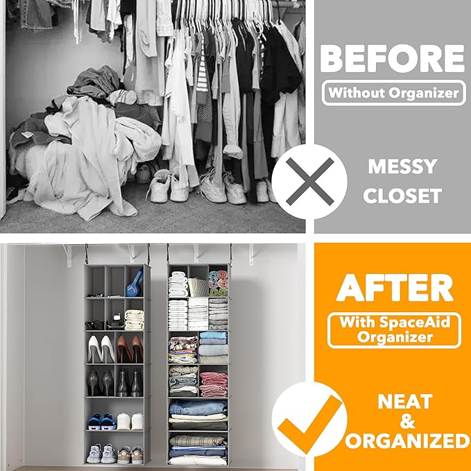 SpaceAid 2 Pack Hanging Closet Organizer and Storage with Dividers, 24 Compartments Hanging Shoe Shelves for Closet, Wardrobe, RV, Garment Rack - Grey
