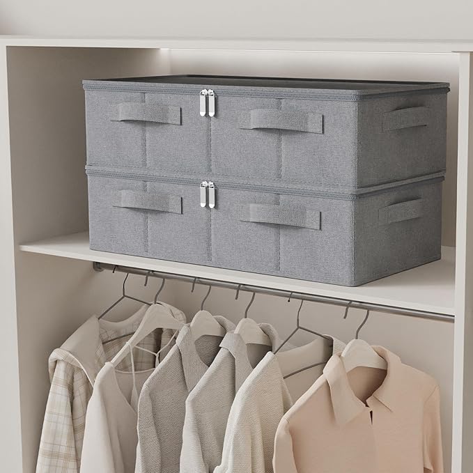 Underbed Storage Box, Foldable Bed Sheet Organizer, Cube Bags Container with Lid for Organizing Clothes, Blankets, Comforter, 23.6x11.8x5.9in, Grey, 2 Pack