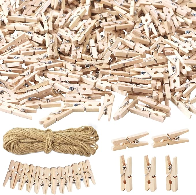 400 Pcs 1 Inch Mini Clothespins for Photos, Natural Wooden Small Clothes Pins with 66 FT Jute Twine, Tiny Decorative Clips for Crafts, Baby Shower, Weddings, Cocktails & Home Decor