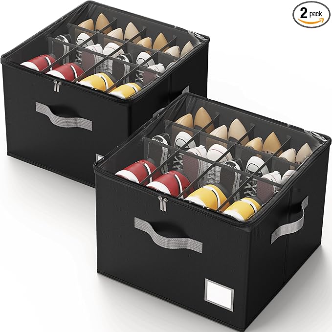 Criusia Shoe Organizer for Closet, Foldable Shoe Storage Organizer with Clear Cover and Sturdy Handles, Fit 12-16 Pairs, Closet Organizer for Shoes Sneakers Sandals Heels, 2 Pack, Black