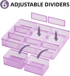 Marbrasse 3 Packs Desk Drawer Organizers, Metal Mesh Dividers with 9 Adjustable Compartments, Pen Organizer for Drawer Tray Box Accessories for Desktop,Kitchen, Makeup(Purple)