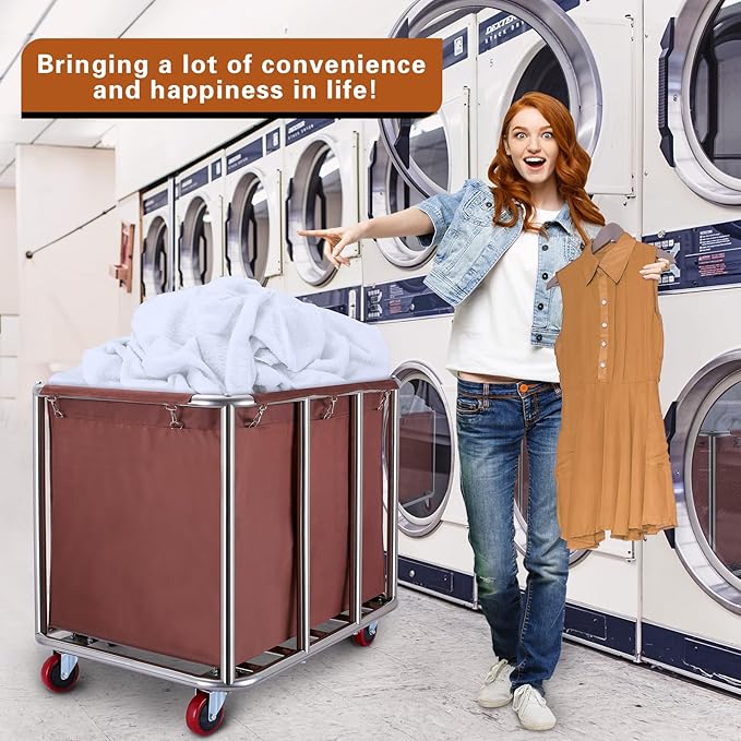 Commercial Laundry cart with Wheels,400L Large Laundry Basket with Wheels,Laundry Hamper on Wheels Heavy Duty with Steel Frame and Oxford Cloth, 440Lbs Load (Brown)