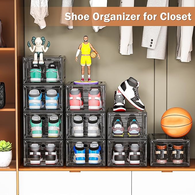 10 Pack Thicken Shoe Organizer Stackable,Upgraded Sturdy Shoe Storage Box with Magnetic Door,Shoe Containers For Sneaker Display,Hat Organizer,Black…