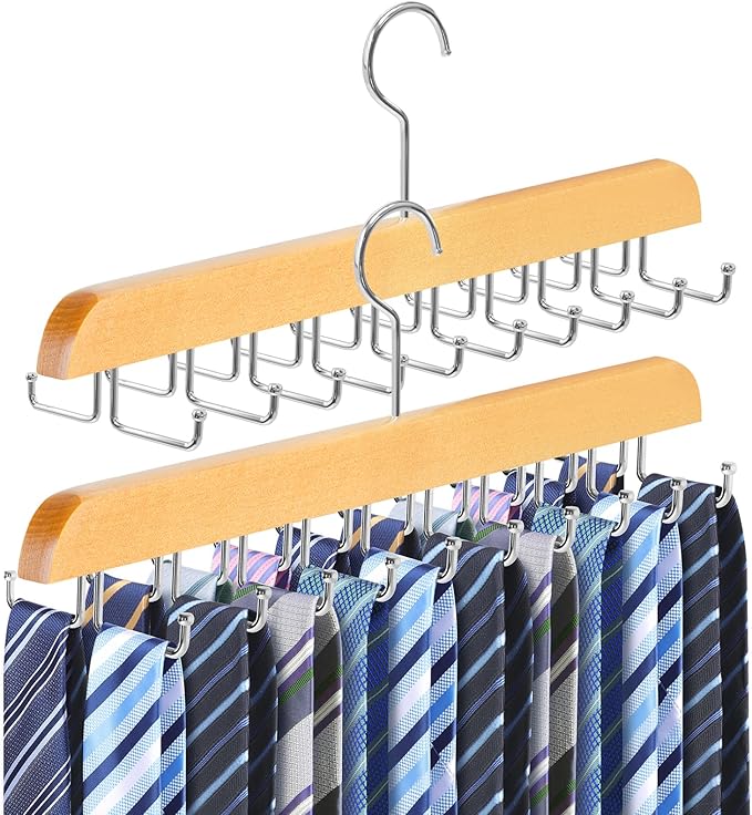 2 Pack Tie Rack Belt Hanger for Closet Fitnice Upgraded Non Slip Tie Hanger Space Saving with 20 Foldable Hooks Wooden Belt Tie Organizer for Tank Tops Bras Cami Scarves