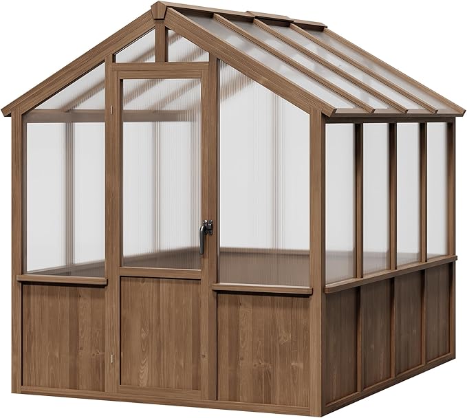 Heavy Duty Spruce Frame Wooden Greenhouse – Walk-in Outdoor Garden Outdoor Storage with Polycarbonate Panels, Adjustable Roof Vents, Lockable Door, Large Storage, Ideal for Patio, Lawn, 6x8 FT